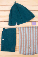 Комплект за сауна- Шапка, Постелка, Чантичка – Петрол