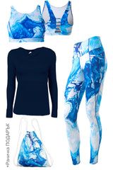 Сет Дара СИН- Клин с джобове, Бюстие и Блуза с гол гръб + Раничка ПОДАРЪК