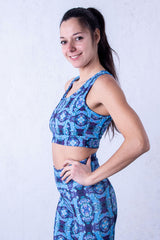 Сет БРИЗ Тънмо син - Шалвар с цепка, бюстие и блуза с гол гръб + ЛАСТИК ПОДАРЪК !