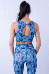 Сет БРИЗ Тънмо син - Шалвар с цепка, бюстие и блуза с гол гръб + ЛАСТИК ПОДАРЪК !