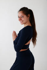 Сет БРИЗ Тънмо син - Шалвар с цепка, бюстие и блуза с гол гръб + ЛАСТИК ПОДАРЪК !